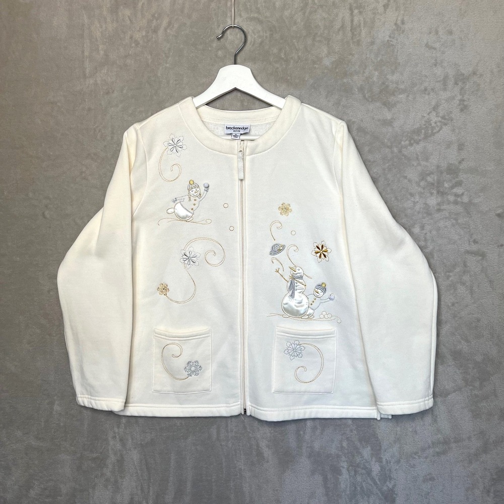 Breckenridge Petite Cardigan Sweatshirt PL Embroidered Snowman Holiday Ivory Zip